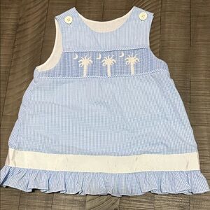 Blue White Check Smocked Top Size 6 Kids Girls Palm Tree moon